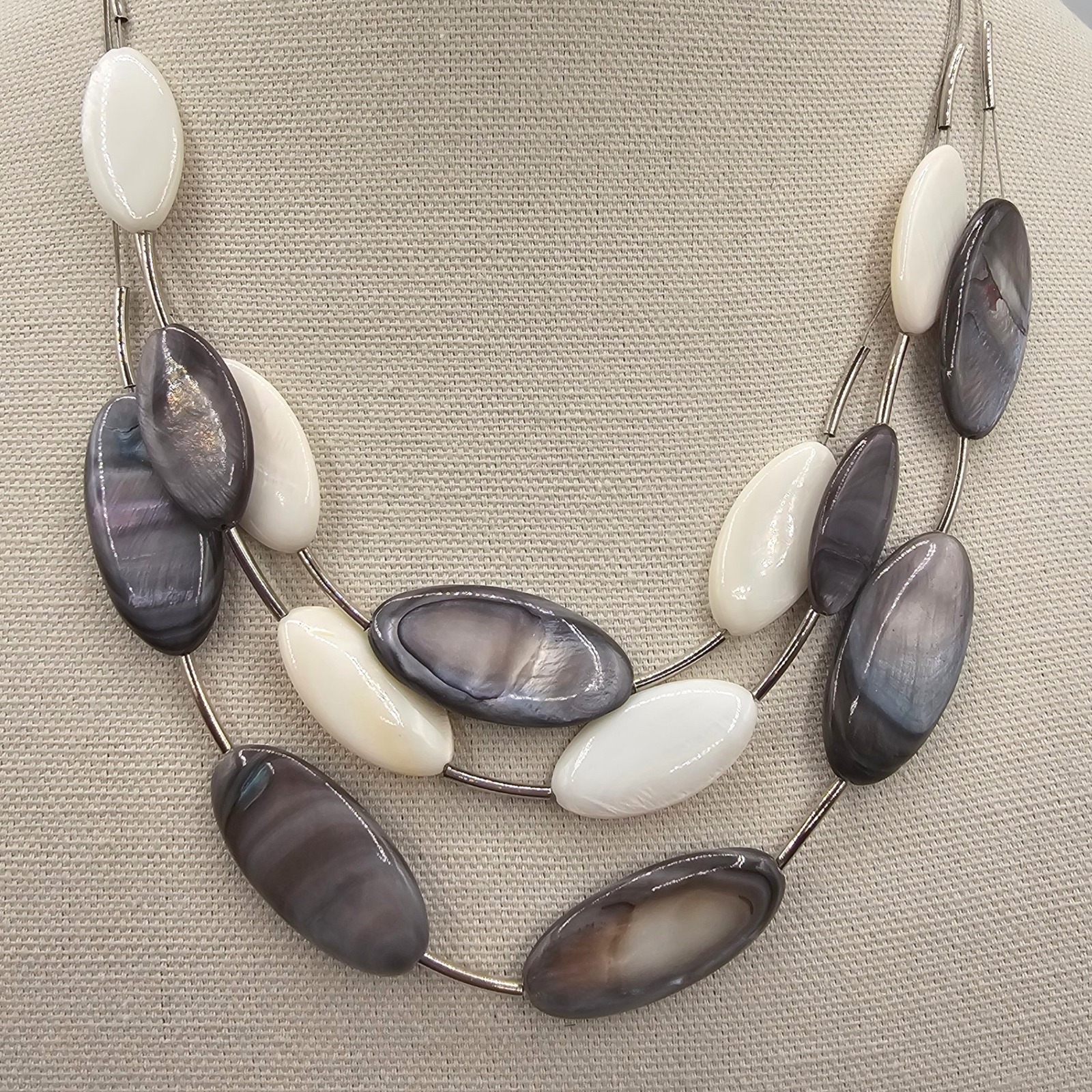 Ali-Khan Ny Necklace Multi Strand Grey White Mop Shell Beads Layered 16-19